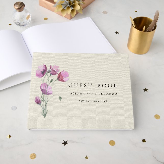 Livro De Visitas Boho Purple Floral e Beige Wedding (Frente aberta)