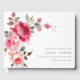 Livro De Visitas Boho Red Pink Rose Flowers Watercolor Casamento