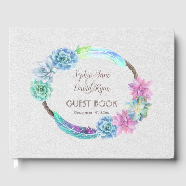 Livro De Visitas Boho Succulent Cactus Wreath Wedding (Frente)