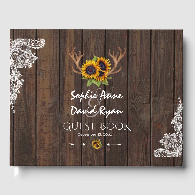 Livro De Visitas Boho Sunflower Antlers Wood Lace Casamento (Frente)