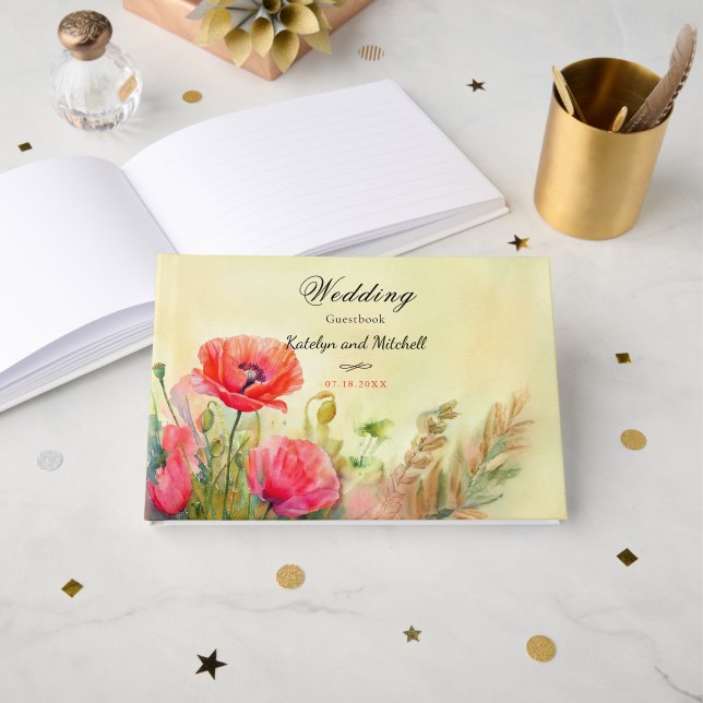 Livro De Visitas Boho Watercolor Poppies Casamento (Frente aberta)
