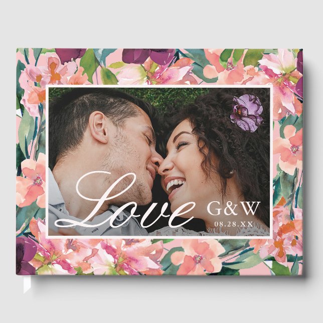 Livro De Visitas Bonito Rosa com Casamento Fotográfico Floral (Frente)