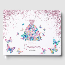 Livro De Visitas Borboletas Douradas de rosa, Gown Quinceanera