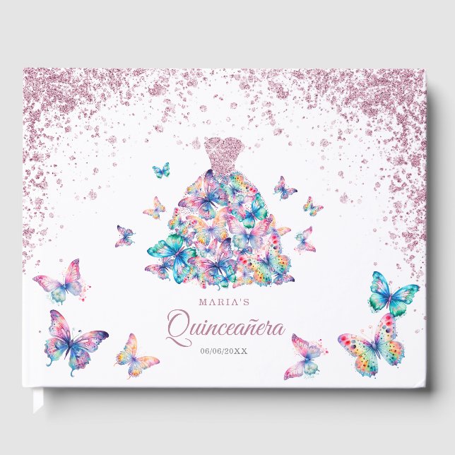 Livro De Visitas Borboletas Douradas de rosa, Gown Quinceanera (Frente)