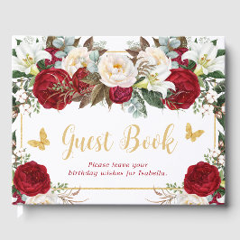 Livro De Visitas Borboletas Douradas Red Floral Foto Quinceañera