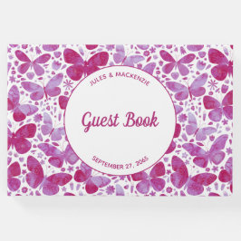 Livro De Visitas Borboletas modernas Aquarela Magenta Cor-de-rosa