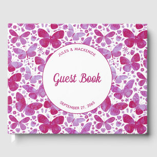 Livro De Visitas Borboletas modernas Aquarela Magenta Cor-de-rosa
