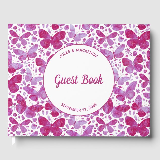Livro De Visitas Borboletas modernas Aquarela Magenta Cor-de-rosa (Frente)