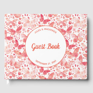 Livro De Visitas Borboletas Modernas Coral de Aquarela Rosa