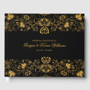 Livro De Visitas Borda Floral de Lace Preta e Dourada