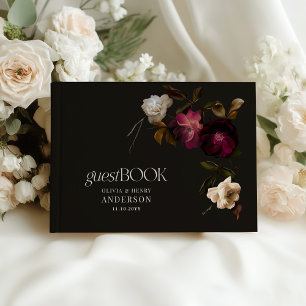 Livro De Visitas Bordô Escuro Floral Sombrio Preto Elegante Românti
