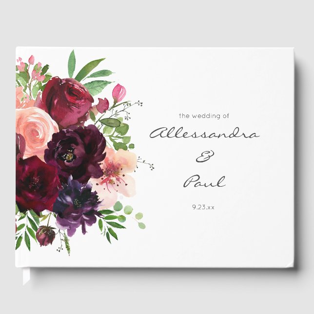 Livro De Visitas Borgonha e Floral Rosa Esbranquiçado (Frente)