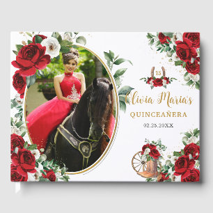 Livro De Visitas Botas Charro Florais Vermelhas e Brancas Quinceane
