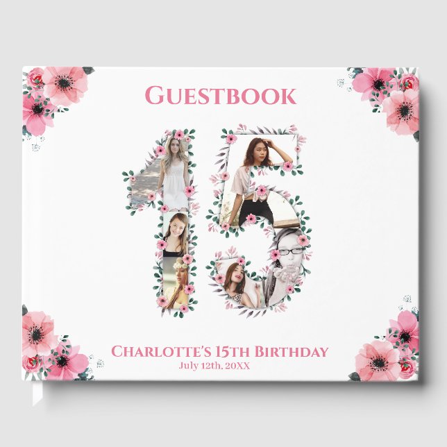 Livro De Visitas Branca de Flor de Colagem de Fotos de Aniversário  (Frente)
