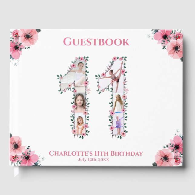Livro De Visitas Branca de Flor de Colagem de Fotos de Aniversário  (Frente)