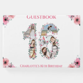 Livro De Visitas Branca de Flor de Foto de 16 Anos de Aniversário