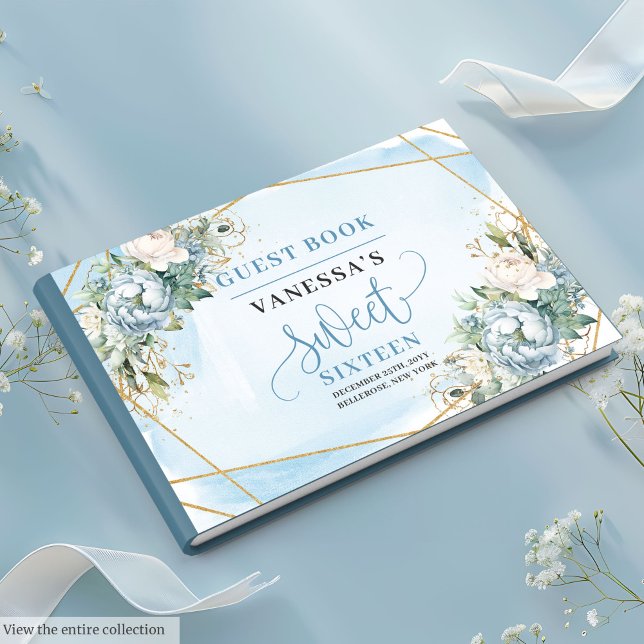 Livro De Visitas Brancos Azuis Pastel Doce Dezesseis (Glittery Pastel Blue White Peonies Sweet Sixteen Guest Book)