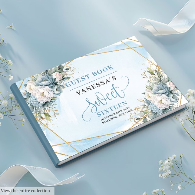 Livro De Visitas Brancos Brancos Azuis, Bonitos, Doze Dezesseis e D (Cute Dusty Blue White Peonies Sweet Sixteen Guest Book)