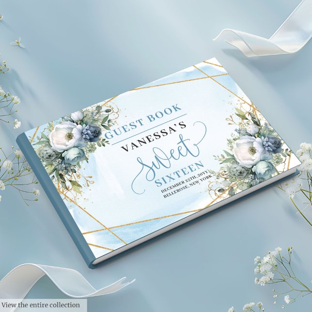 Livro De Visitas Brancos Brancos Azuis-Pastéis Radiantes Doze (Radiant Pastel Blue White Peonies Sweet Sixteen Guest Book)