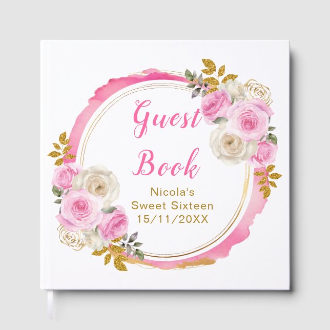 Livro De Visitas Bright Pink and Gold Elegant Flowers Sweet Sixteen (Frente)