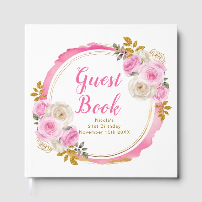 Livro De Visitas Bright Pink Gold Elegant Flowers Birthday Party (Frente)