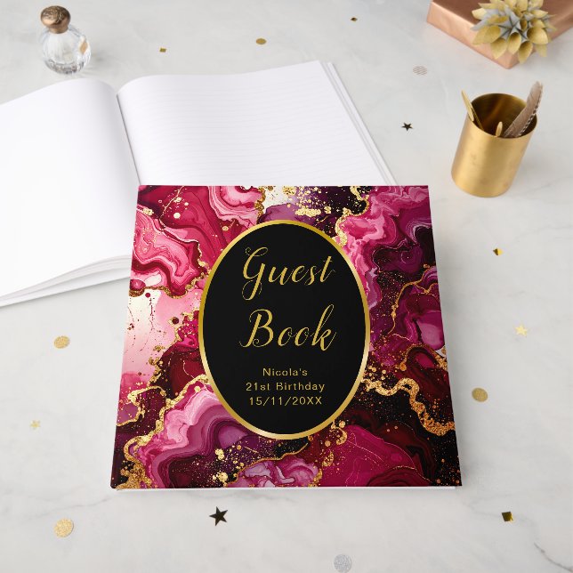 Livro De Visitas Bright Red and Gold Marble Agate Birthday Party (Frente aberta)