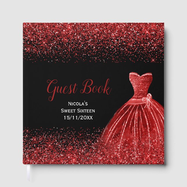 Livro De Visitas Bright Red Dress Faux Glitter Sweet 16  (Frente)