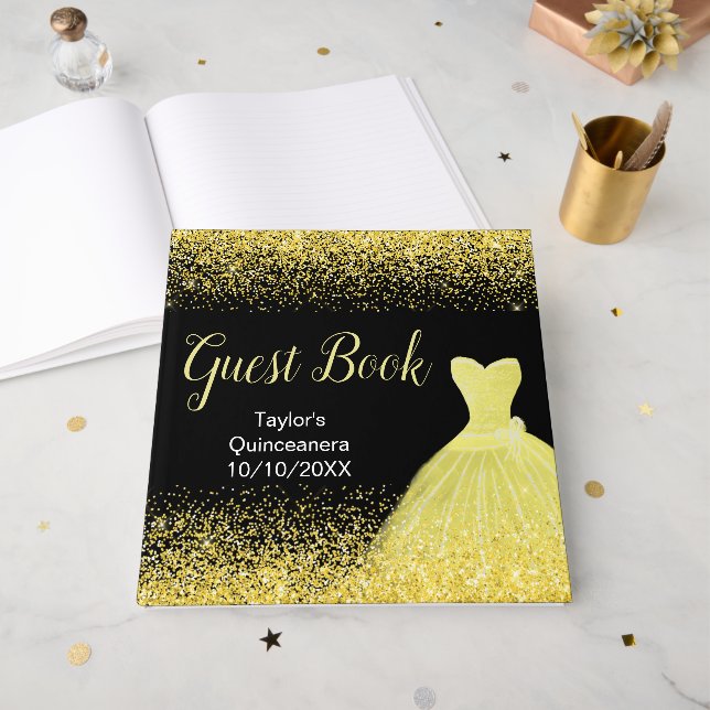 Livro De Visitas Bright Yellow Dress Faux Glitter Quinceanera (Frente aberta)