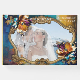 Livro De Visitas Bronze de abstrato, cor azul-ouro, estilo barroco