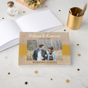 Livro De Visitas Brown Burlap & Dourado, Photo Wedding