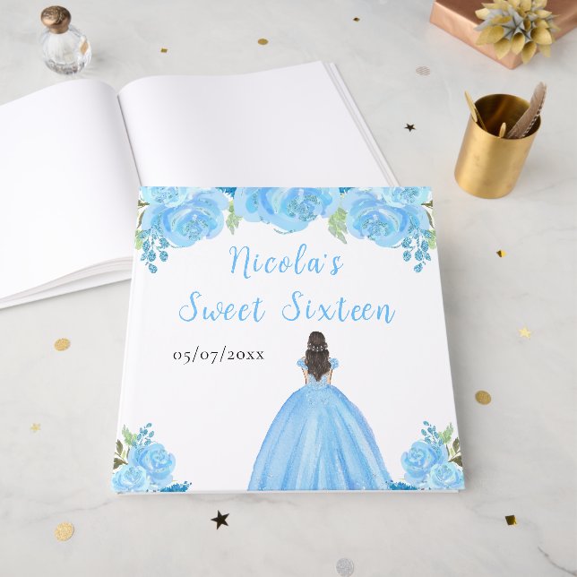 Livro De Visitas Brown Hair Princess Blue Sweet Sixteen Guest Book (Frente aberta)