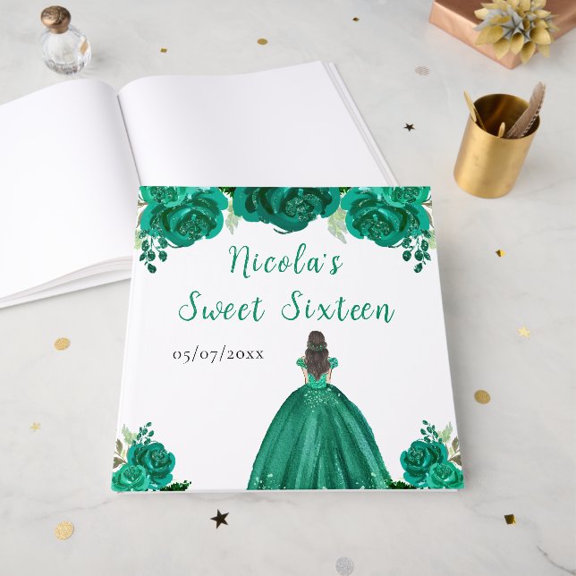 Livro De Visitas Brown Hair Princess Green Sweet Sixteen Guest Book (Frente aberta)