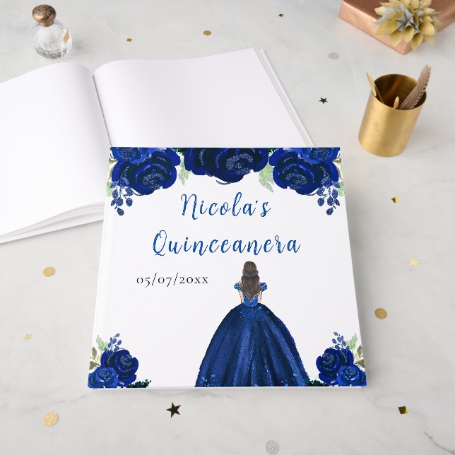 Livro De Visitas Brown Hair Princess Navy Quinceanera Guest Book (Frente aberta)