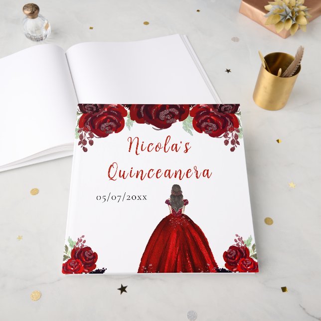Livro De Visitas Brown Hair Princess Red Quinceanera Guest Book (Frente aberta)