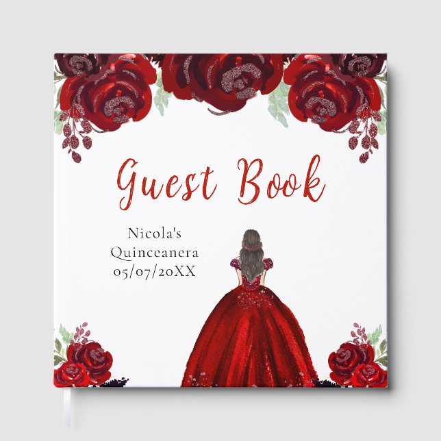 Livro De Visitas Brown Hair Princess Red Quinceanera Guest Book (Frente)