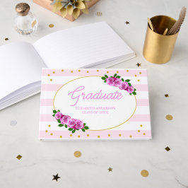 Livro De Visitas Brunch de Formatura com Rosas Cor-de-Rosa Listrada
