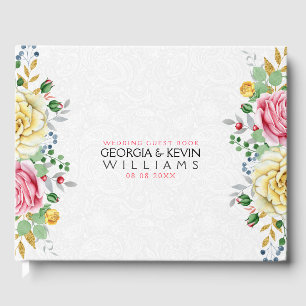 Livro De Visitas Buquê Floral Rosa Rosa e Amarelo
