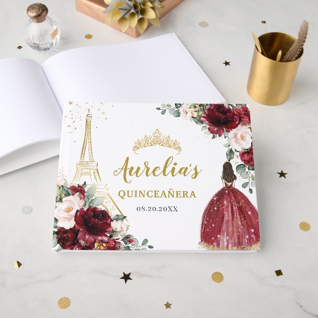 Livro De Visitas Burgundy Blush Floral Paris Eiffel Quinceanera XV (Frente aberta)