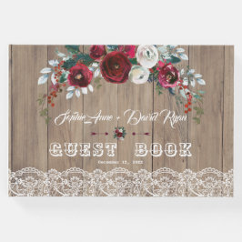 Livro De Visitas Burgundy Blush Flowers Lace Wood Casamento