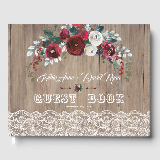 Livro De Visitas Burgundy Blush Flowers Lace Wood Casamento (Frente)