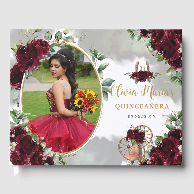 Livro De Visitas Burgundy Floral Charro Boots Quinceanera Foto (Frente)