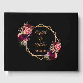 Livro De Visitas Burgundy floral geométrico de ouro negro casado