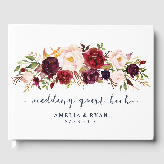 Livro De Visitas Burgundy Floral Marinho Weding Guest Book (Frente)