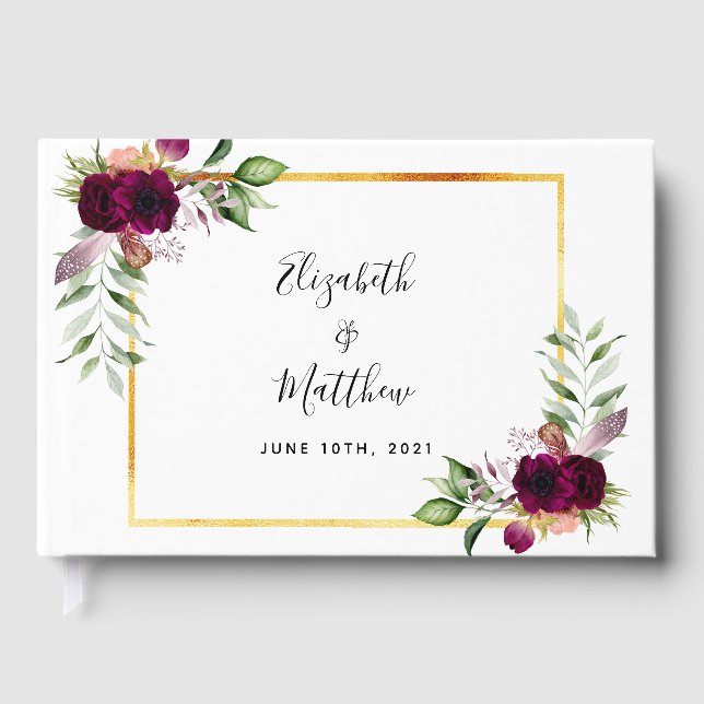 Livro De Visitas Burgundy floresce verde elegante casamento (Frente)