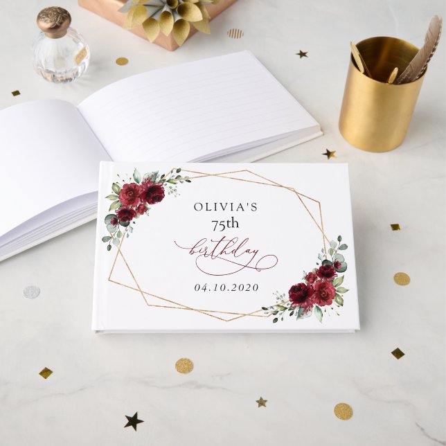 Livro De Visitas Burgundy Flowers, Red Flowers, Boho, Birthday (Frente aberta)