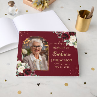 Livro De Visitas Burgundy Ivory White Floral Memorial Foeral Funera