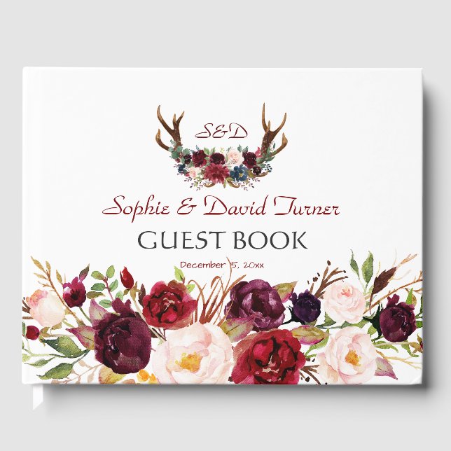 Livro De Visitas Burgundy Marsala Floral Antlers Monogramas (Frente)