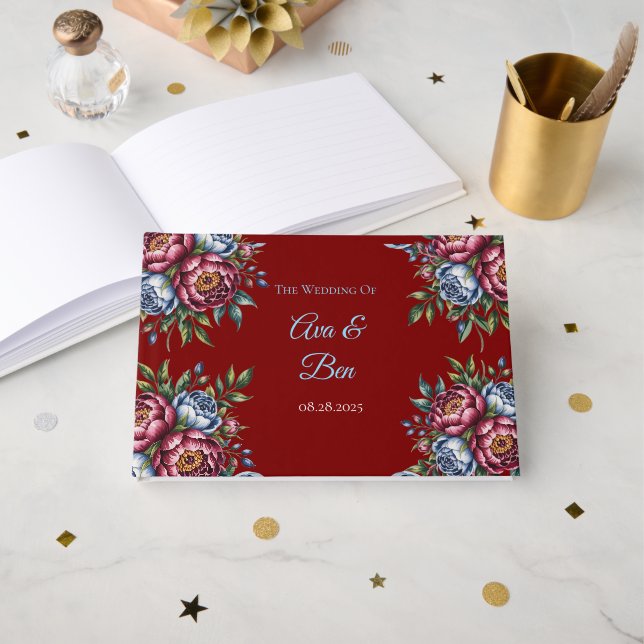 Livro De Visitas Burgundy Peony e Blue Rosa Weding (Frente aberta)