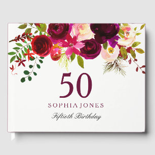 Livro De Visitas Burgundy Red Floral Boho 50ª Festa de aniversári