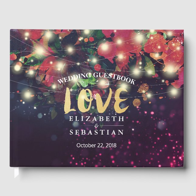 Livro De Visitas Burgundy Red Floral String Light (Frente)